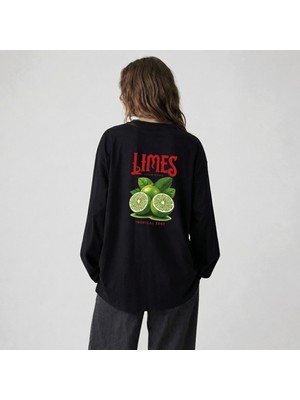 Nubarco Siyah Oversize Geniş Kesim Uzun Kollu %100 Pamuk Yazlık Baskılı Tshirt