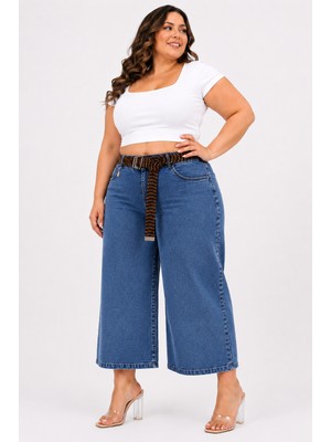 Zanessi Büyük Beden Yüksek Bel Örgü Kemer Cepli Geniş Paça Denim Kadın Pantolon