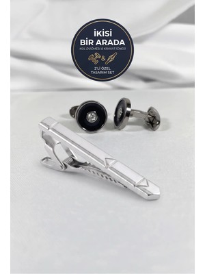 BLC Basic Line Co. The Obsidian Spark – Tek Taş Detaylı Siyah Klasik Kol Düğmesi ve Kravat Iğnesi Seti