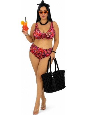 Pierre Cardin Büyük Beden Bağcık Detaylı Leopar Desenli Yüksek Bel Kadın Bikini Takımı