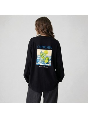 Nubarco Siyah Oversize Geniş Kesim Uzun Kollu %100 Pamuk Yazlık Baskılı Tshirt