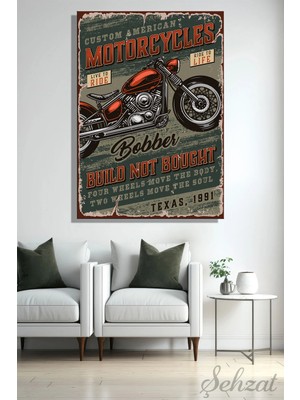 Şehzat Kanvas Duvar Tablosu Dikey Salon Yatak Odası Ofis Vintage Eskitme Efektli Bobber Motorsiklet