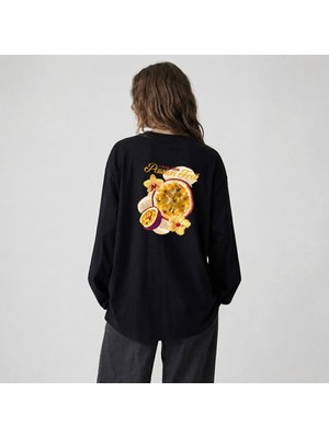 Nubarco Siyah Oversize Geniş Kesim Uzun Kollu %100 Pamuk Yazlık Baskılı Tshirt