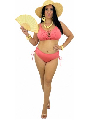 Pierre Cardin Büyük Beden Bağcıklı Göğüs Dekolteli Ayarlanabilir Askılı Yüksek Bel Yan Büzgülü Kadın Bikini Takım