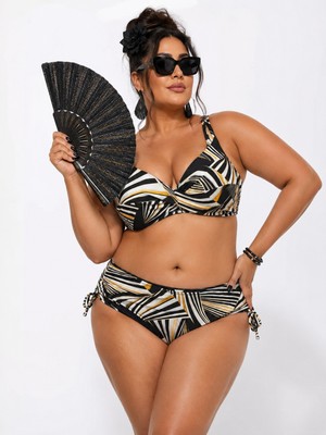 Pierre Cardin Büyük Beden Balenli Geometrik Desenli Kaplı Ayarlanabilir Askılı Toparlayıcı Kadın Bikini Takım
