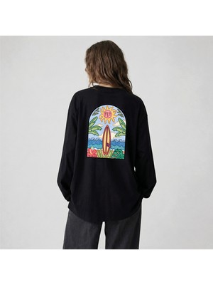 Nubarco Siyah Oversize Geniş Kesim Uzun Kollu %100 Pamuk Yazlık Baskılı Tshirt