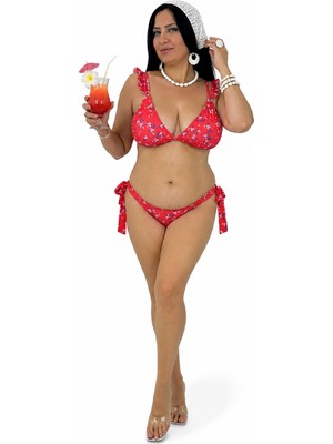 No Gossip Büyük Beden Desenli Fırfır Askılı Uzun Üçgen Yandan Bağlamalı Kadın Bikini Takım