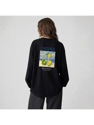 Nubarco Siyah Oversize Geniş Kesim Uzun Kollu %100 Pamuk Yazlık Baskılı Tshirt