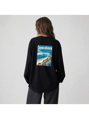 Nubarco Siyah Oversize Geniş Kesim Uzun Kollu %100 Pamuk Yazlık Baskılı Tshirt