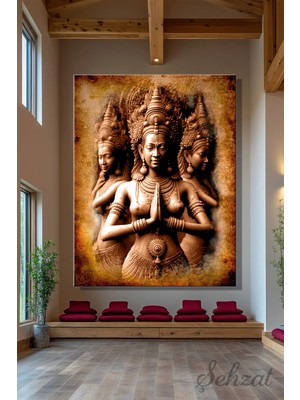 Şehzat Dikey Kanvas Duvar Tablosu Tekli Ofis Hindu Budist Apsara Khmer Devata Heykeli Göksel