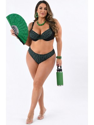 Eros Büyük Beden Telli Kapsız Ayarlanabilir Askılı Yüksek Bel Simli Desenli Kadın Bikini Takımı