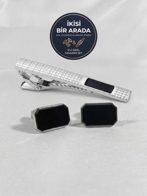 BLC Basic Line Co. The Midnight Grid – Kare Kesim Siyah Detaylı Kol Düğmesi ve Kravat Iğnesi