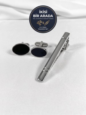 BLC Basic Line Co. Lunar Eclipse – Minimalist Oval ve Klasik Çizgili Kol Düğmesi ve Kravat Iğnesi Seti