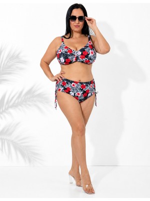 Ola Chicas Büyük Beden Kırmızı Çiçek Desenli Tül Detaylı Kapsız Telli Yüksek Bel Kadın Bikini Takım