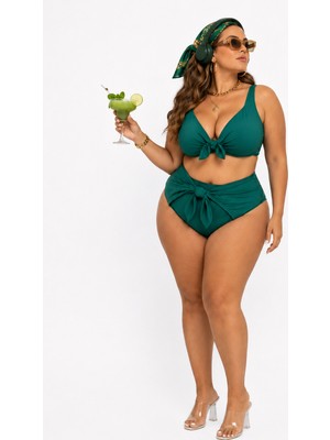 Büyük Beden Balenli Kaplı Ayarlanabilir Askılı Bağlama Detaylı Geniş Üçgen Toparlayıcı Yüksek Bel Kadın Bikini Takım