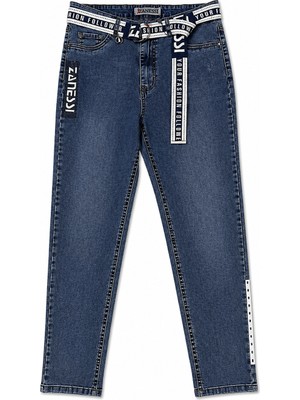 Zanessi Büyük Beden Kemerli Likralı Taşlı Denim Kadın Pantolon