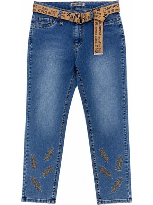Zanessi Büyük Beden Kemerli Likralı Taşlı Denim Kadın Pantolon
