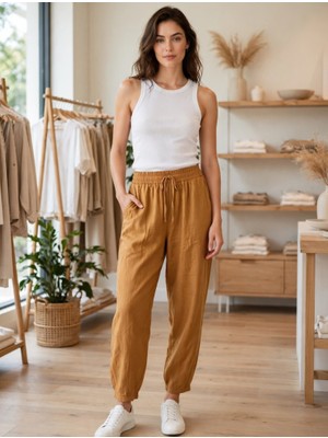 Stsahra  Kadın Taba Keten Jogger Pantolon