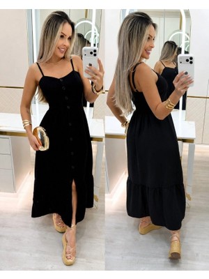 Lune Store Kadın Ip Askılı V Yakalı Önden Düğmeli Midi Bürümcük Elbise