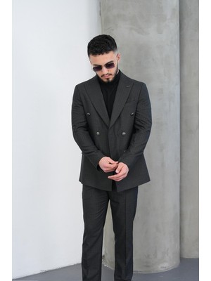 Dupont Classics Dupont Çizgili Poliviskon Kruvaze Takım Elbise Slim Fit Sivri Yaka Çift Yırtmaç 6 Drop