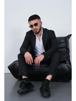Dupont Classics Dupont Çizgili Poliviskon Kruvaze Takım Elbise Slim Fit Sivri Yaka Çift Yırtmaç 6 Drop