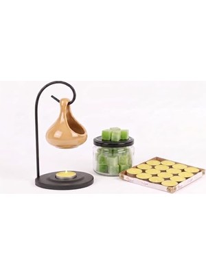 Modern Seramik Buhurdanlık Seti - 16'lı Tealight Mum ve Değiştirilebilir Aroma Wax Hediye (Açık Kahve)