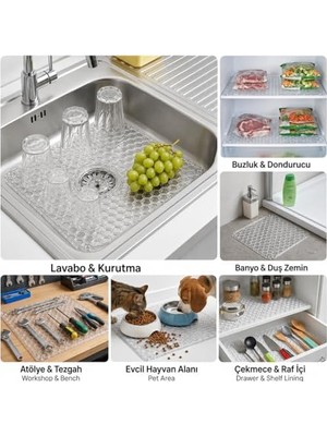 Lavabo Kurutma Matı 32X32 Cm, Şeffaf Petek Desenli Buzluk ve Dondurucu Raf Koruyucu, Çekmece Raf Içi Kaydırmaz Düzenleyici Mat, Banyo, Tezgah ve Evcil Hayvan Mama Alanı Için Çok Amaçlı Mat