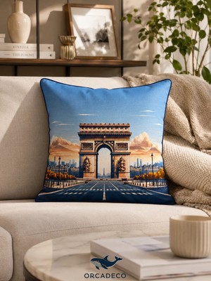 Orcadeco -Paris Temalı Dekoratif Kırlent Kılıfı 45X45 cm – Modern Şehir Desenli Lacivert Yastık Kılıfı