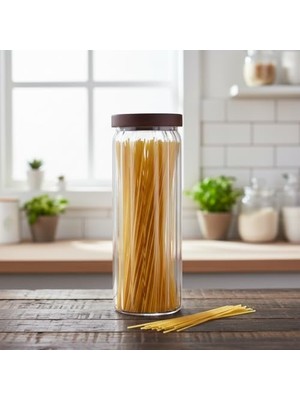 Akasya Kapaklı Uzun Çizgili Cam Kavanoz (1250 Ml) | Hava Geçirmez, Modern Fitilli Tasarım Gıda Saklama Kabı | Makarna, Bakliyat, Kahve ve Çay Kavanozu (9X25 Cm)