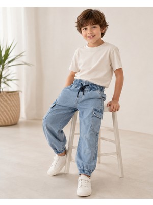 Tace Kids Tace Kıds Erkek Çocuk Açık Mavi Kargo Cep Detaylı Beli Lastikli Denim Jogger Pantolon- 5-12 Yaş