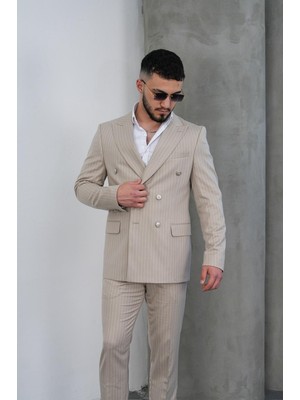 Dupont Classics Dupont Çizgili Poliviskon Kruvaze Takım Elbise Slim Fit Sivri Yaka Çift Yırtmaç 6 Drop