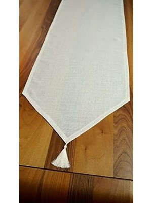 Simli Keten Runner Püsküllü, Kırık Beyaz, 45X150CM