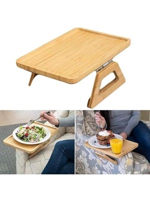 Yaylı Tutamaçlı Bambu Koltuk Tepsisi – Menteşeli, Kaymaz, Kolay Kullanımlı, Sağlam Tutan Yan Sehpa, Koltuk Kenarına Takılan Tepsi Sehpa (Dikdörtgen)