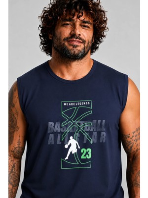 Starbattal Büyük Beden Baskılı Kolsuz Tişört Basketball 26123 Lacıvert