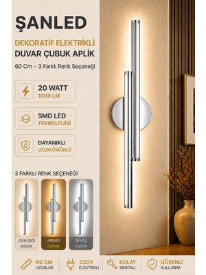 ŞANLED Dekoratif 20W Iç Mekan Krom Kasa 3 Renkli Işık 60 cm Duvar Aplik Elektrikli