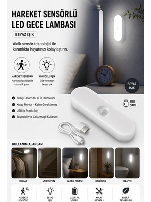 Neo Vista Hareket Sensörlü LED Işık Lamba 15000K Beyaz USB Şarjlı Oda Mutfak Salon Merdiven İçin