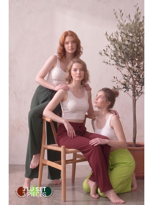 Farya Home 3lü Set Yüksek Bel Bol Paça Şeritli Kaşkorse Yazlık Pijama Altı