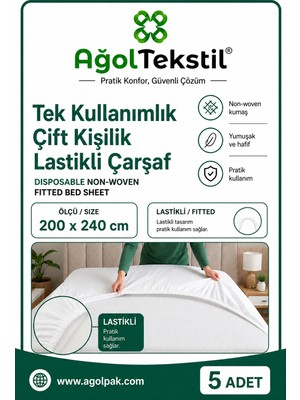 Ağol Tekstil Tek Kullanımlık Lastikli Çift Kişilik Çarşaf 200 x 240 cm 5 Adet Nonwoven Beyaz