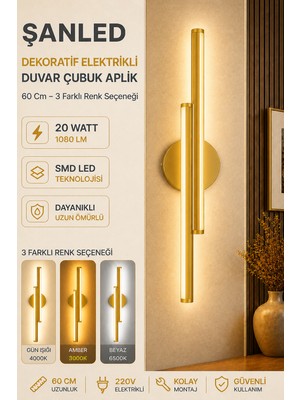 ŞANLED Dekoratif 20W Iç Mekan Gold Kasa 3 Renkli Işık 60 cm Duvar Aplik Elektrikli