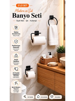 Riya Home Ev & Dekorasyon Yapışkanlı Siyah Tuvalet Kağıtlığı, Yuvarlak Havluluk ve Rulo Peçetelik 3’lü Set