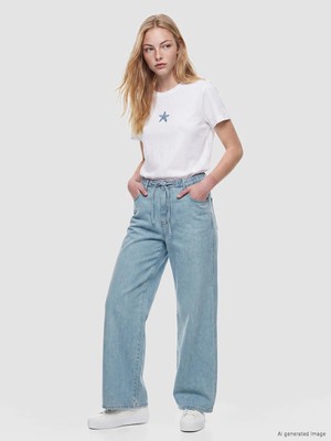 LC Waikiki  Lcw Xsıde Mavi Beli Bağcıklı Wideleg Kadın Jean Pantolon