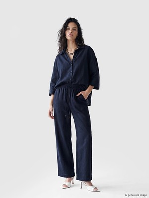 LC Waikiki  Lcw Lcw Vision Lacivert Beli Lastikli %100 Keten Kadın Pantolon