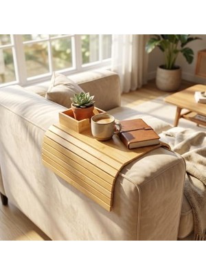 Hype Store Bambu Koltuk Kenarı Tepsisi ve Organizer - Katlanabilir Bölmeli Ahşap Kanepe Yanı Sehpa, Bardaklık ve Kumandalık (41 x 33.5 x 4.5 Cm)