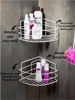 Hype Store Yapışkanlı Banyo Köşeliği Düzenleyici Şampuanlık Duş Rafı 2 Adet Beyaz Paslanmaz Çelik