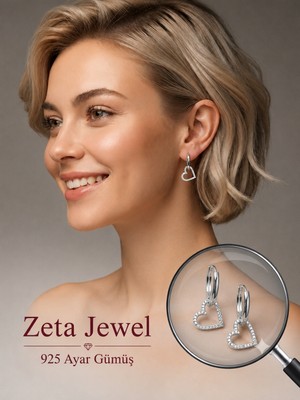 Zeta Jewel 925 Ayar Gümüş Kalp Detaylı Halka Küpe Zirkon Taşlı Sallantılı Kadın Küpe Işıklı Hediye Kutulu