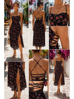 Gül Sezgin Butik Kadın Siyah Ip Askılı Sırt Dekolteli Viskon Kumaş Çiçekli Elbise (M) beden