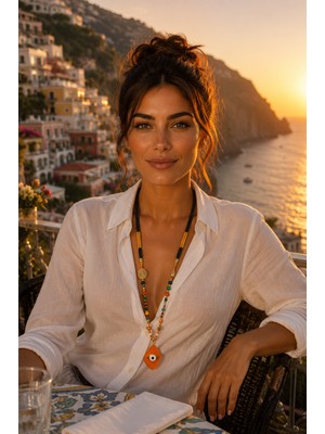 She Sells Amalfi Uzun Kolye – Özel Tasarım Bohem Nazar Boncuklu Kadın Kolye | Paracord ve Altın Kaplama Charmlı
