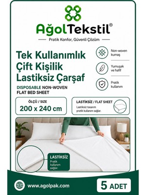 Ağol Tekstil Tek Kullanımlık Lastiksiz Çift Kişilik Çarşaf 200 x 240 cm 5 Adet Nonwoven Beyaz