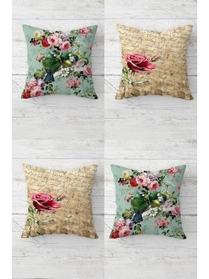 Hype Store Daldaki Kuşlar ve Vintage Mektup Gizli Fermuarlı Kırlent Kılıfı Koltuk Yastık Kılıfı TAKIM(4ADET), Bej-Pembe-Yeşil 45 x 45
