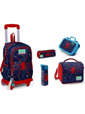 Coral High Coral Hıgh Kıds Örümcek Desenli Çekçek Çantalı Çelik Termoslu Çelik Beslenmeli Ilkokul Çanta Seti- 5' Li Set